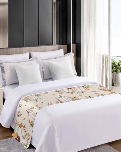 Thanksgiving Pumpkin Maple Leaf Watercolor Bed Runner for King Size Beds 102x20in