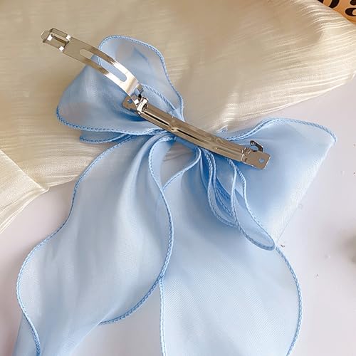 AEGYPIUS Large Light Blue Hair Bow with Long Tail Satin Ribbon Clip