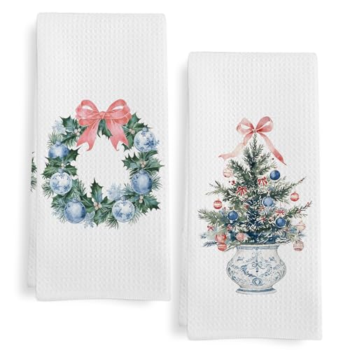 Christmas Wreath Coquette Chinoiserie Kitchen Towels Set of 2 - Pink, Blue & White, 16x24 Inches, Wreath Variation