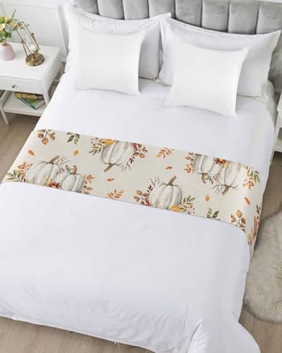 Thanksgiving Pumpkin Maple Leaf Watercolor Bed Runner for King Size Beds 102x20in