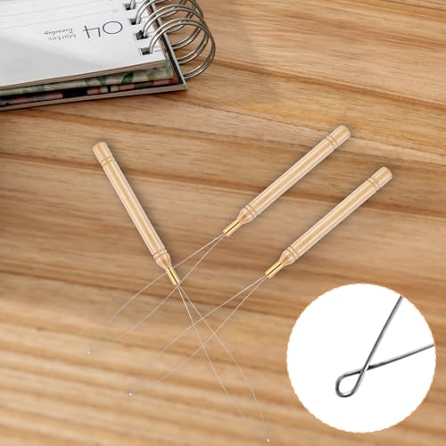 3 Pcs Wooden Hair Extension Loop Needle Kit and Threader Pulling Hook Tool