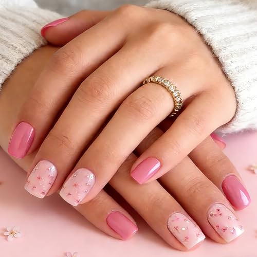 Pink Floral Press on Nails Short Square Fake Nails Set with Glue