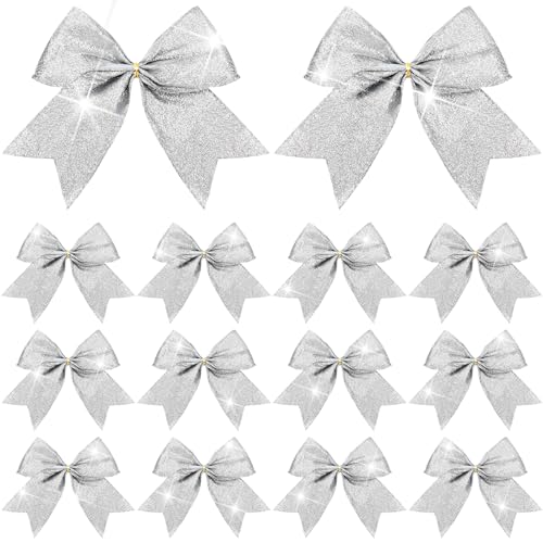 Silver Christmas Bow Decorations - 24 Pack Glitter Holiday Ornaments 6x6 Inches