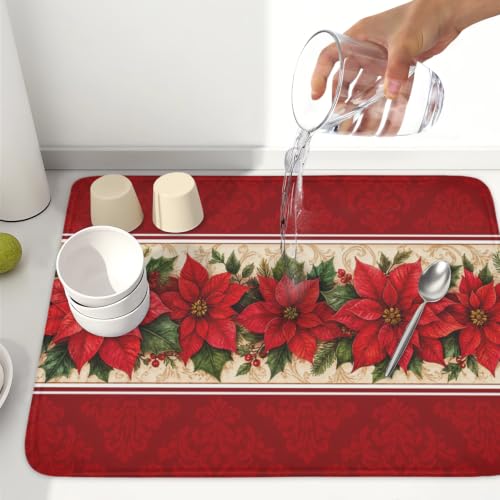 Christmas Red Flower Dish Drying Mat 18x24 Inch for Kitchen Counter - Foldable & Quick Dry