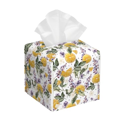 Square Leather Tissue Box Cover - Orange Fruits & Lavender Floral Print