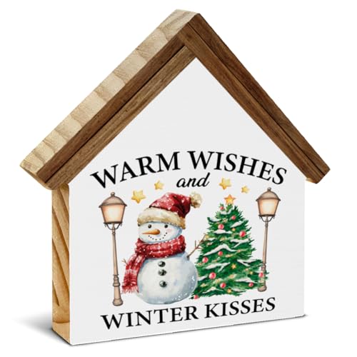 Nurawo R Christmas House Shape Wooden Sign - Snowman Warm Wishes Holiday Decor