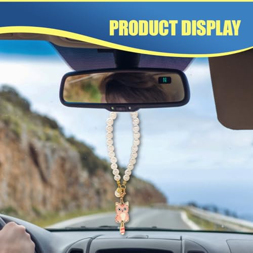 Deaelf Cute Cat Car Mirror Hanging Accessory with Pearl Chain Pink