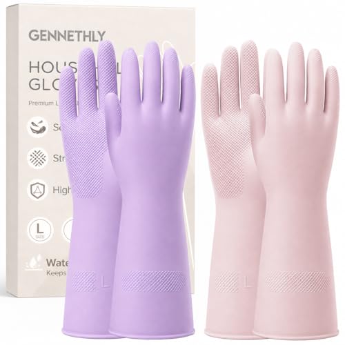 Gennethly Purple Medium Cleaning Rubber Gloves - Waterproof Non-Slip Cuff