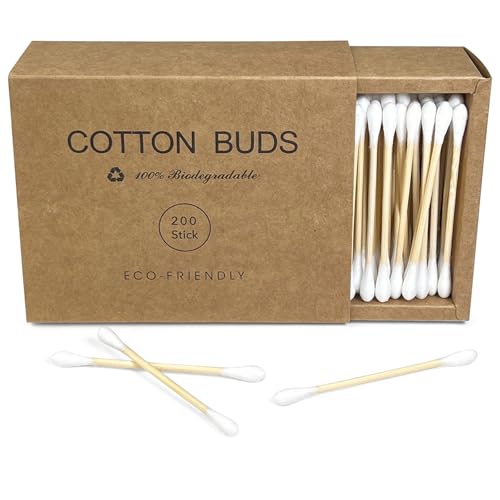Egaageoi 200 Count Organic Bamboo Cotton Swabs with Biodegradable Sticks
