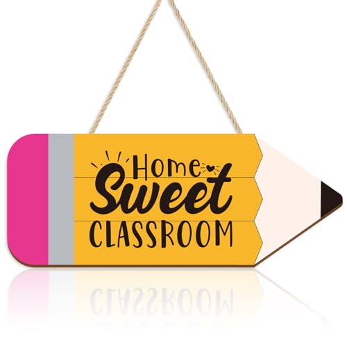 Clothmile Pencil-Shaped Wooden Door Sign - Home Sweet Classroom Decor, 13.8x5.1 Inch, Back to School Wall Hanger, Classroom & Porch Door Decor (Variation: Pencil)