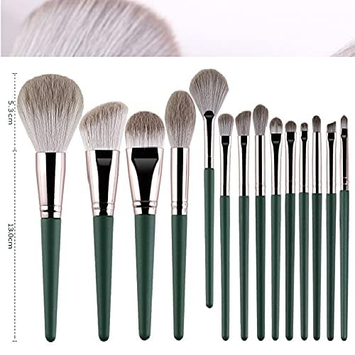 14-Piece Professional Makeup Brush Set with Wooden Handles and Rayon Bristles - Green