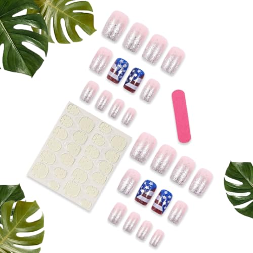Independence Day Press on Nails Short Square Glossy Acrylic Star Design