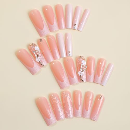 Ombre Pink Long Square Press on Nails with French Tip & Rhinestone Butterfly
