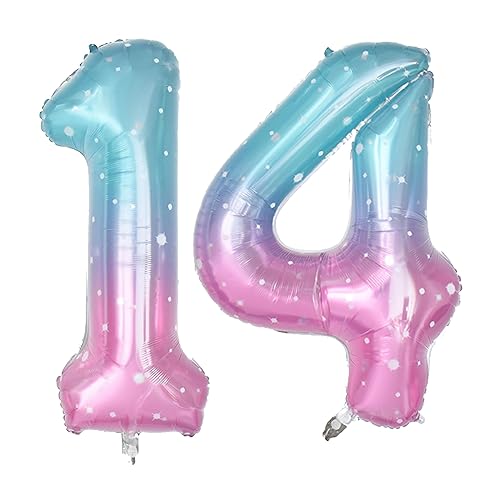 40-Inch Starry Sky Blue Number 14 Foil Balloon - Birthday & Party Decor