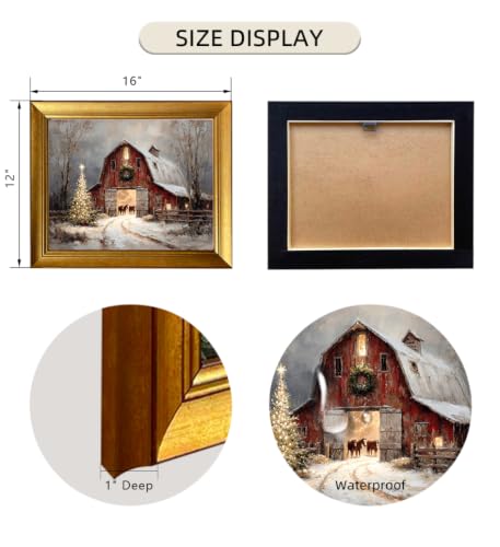 Vintage Christmas Wall Art Canvas Print - Red Barn Snow Scene, Framed 16x12 Inches