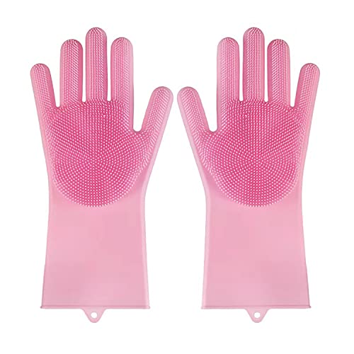 HUAYINGMEI Silicone Dishwashing Gloves with Built-in Scrubber - Pink