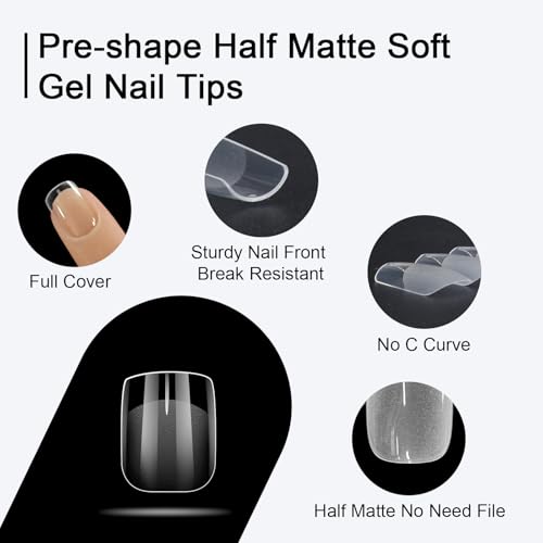 GAZEPLUS Half Matte X Short Square False Nail Tips - 750 Pcs Clear Soft Gel Nail Extension Kit for Salon & Home DIY