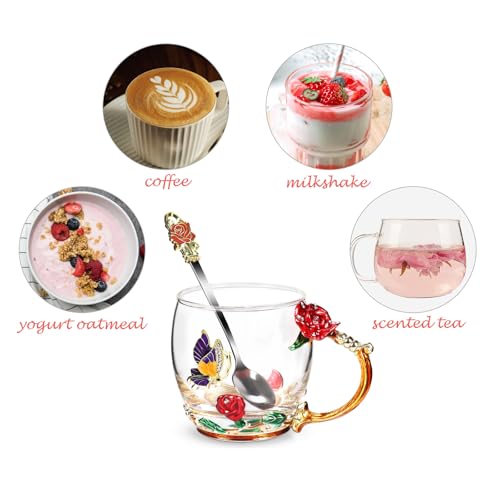 Elegant Flower Tea Cup with Butterfly Rose Design and Matching Spoon - Hot & Cold Drink Mug with Gift Box - Gold Red Variation