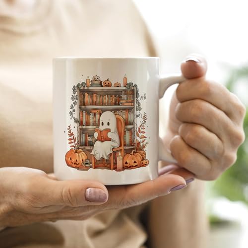Halloween Reading Ghost Mug - White 11oz Ceramic Coffee Cup for Book Lovers