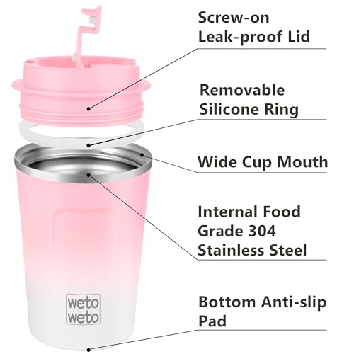WETOWETO 12 oz Stainless Steel Insulated Travel Coffee Mug - Pink-White