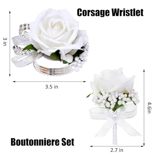 Artificial White Rose Corsage and Boutonniere Set for Wedding Prom