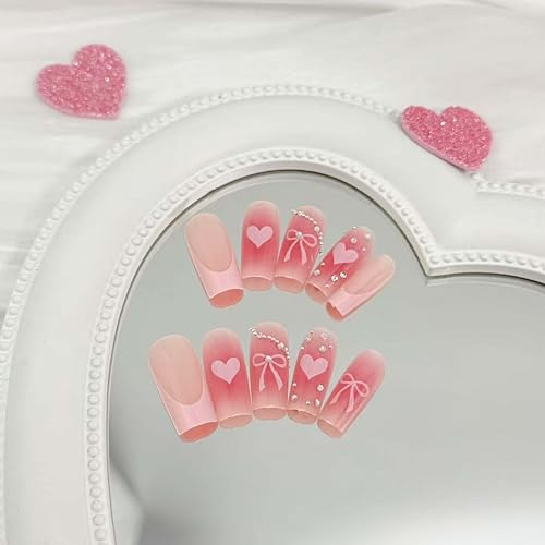 French Tip Press on Nails Medium Square with Heart Bow and Rhinestones