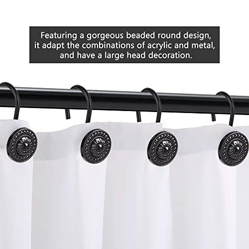 Black Shower Curtain Hooks - Rust Proof Decorative Rings, 12Pcs