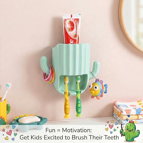 Cute Cactus Toothbrush Holder - Wall Mounted Kids Bathroom Organizer