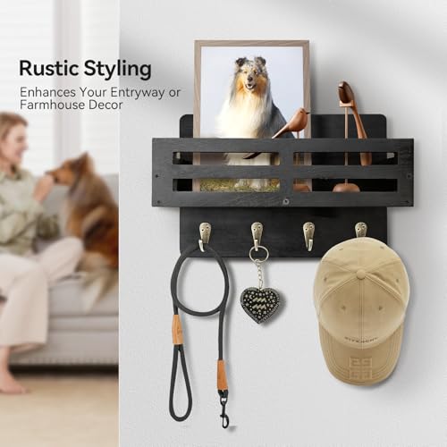 KISENG Rustic Wall-Mounted Key and Mail Holder, 10.2-Inch Black Key Rack