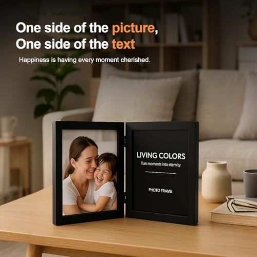 2 Hinged Black 4x6 Picture Frames Set - Double Fold Wood Photo Display