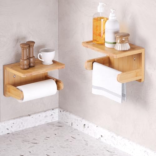 Bamboo Toilet Paper Holder with Phone Shelf - Wall Mounted Organizer