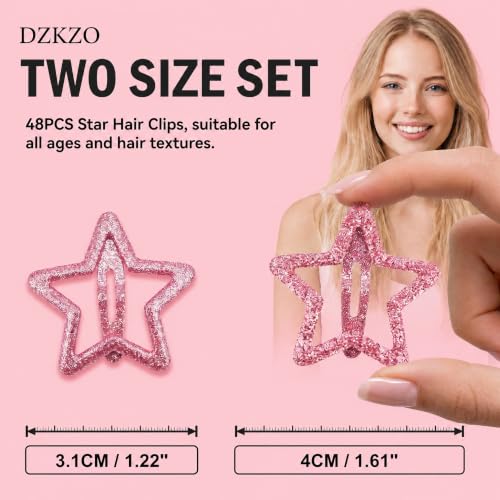 Pink Star Hair Clips 48pcs Y2K Cute Snap Barrettes in 2 Sizes
