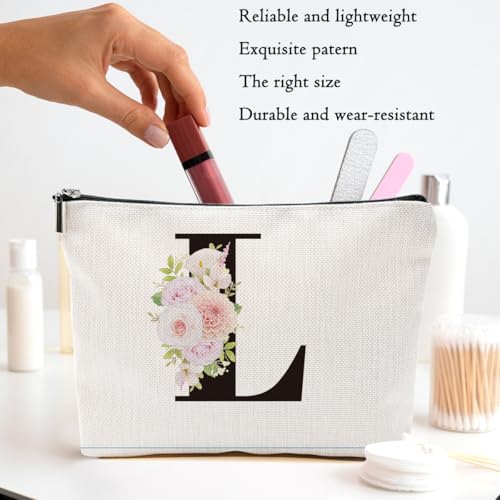 Initial L Rose Makeup Bag - Monogrammed Linen Travel Toiletry Pouch