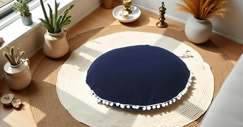 Blue Round Meditation Floor Pillow Cover, 22" Large Bohemian Design