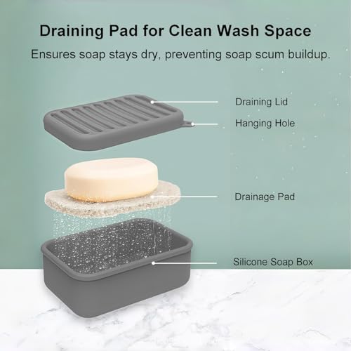 Leak-Proof Silicone Travel Soap Case with Lid & Drainage Pad - Fits Most Soap Bars