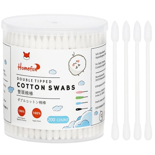 HOMEFOX Organic Cotton Swabs Precision Pointed - 200 Count Pointy & Round