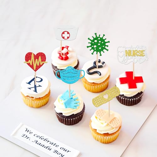 30 PCS Glitter Nurse Cupcake Toppers for Graduation & Parties