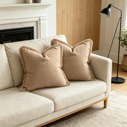 Fringe Throw Pillow Covers, 18x18 Inch Baby Brown Cotton Linen, Set of 2
