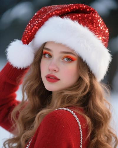 Hikkcos Red Sequin Santa Hat - Sparkly Christmas Party Cap for Adults