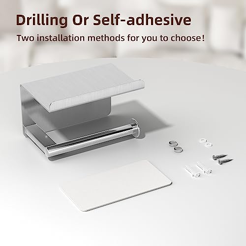 Silver Adhesive Toilet Paper Holder with Shelf - Stainless Steel