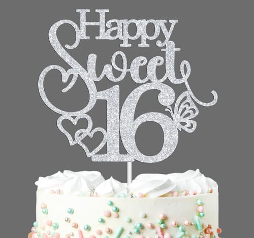 Silver Glitter Happy Sweet 16 Cake Topper for Birthday Parties