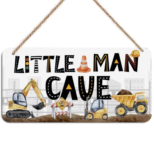 Little Man Cave Sign - Boys Construction Truck Wooden Wall Plaque Multi0456