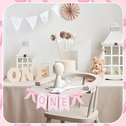 Pink Bow High Chair Banner for Baby Girl's 1st Birthday Celebration