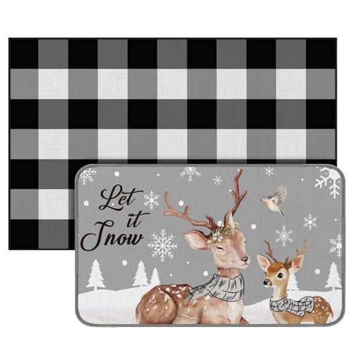 Christmas Doormat Set with Reindeer & Buffalo Plaid Layered Entry Rugs - Let It Snow Variation