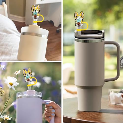 Corgi Dog Straw Toppers for Stanley Cups - 4 Pcs Silicone Straw Covers