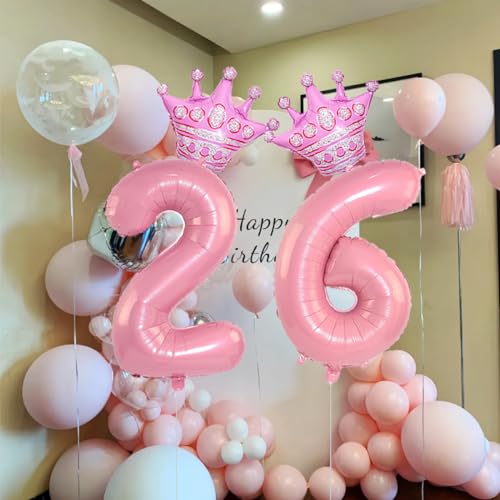 40-Inch Pink Number 26 Balloons with Crowns for Birthday Parties