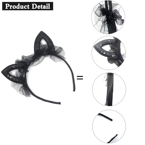 Black Lace Cat Ears Headband with Bow and Polka Dots for Halloween Costume
