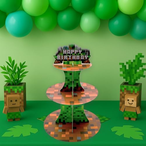 Pixe l Style 3-Tier Cupcake Stand for Gamer & Adventure Party, Kids Birthday Decoration - XCX PIXEL