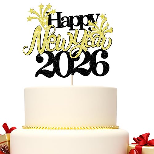 Happy New Year 2026 Cake Topper with Glitter Stars - Party Decor
