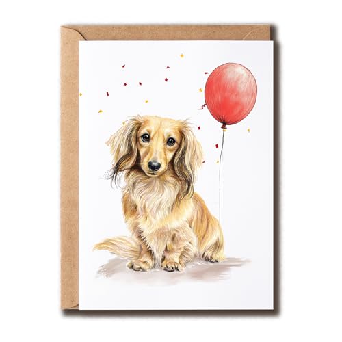 Long-Haired Dachshund Birthday Card with Balloon - 5x7 Dog Mom Gift